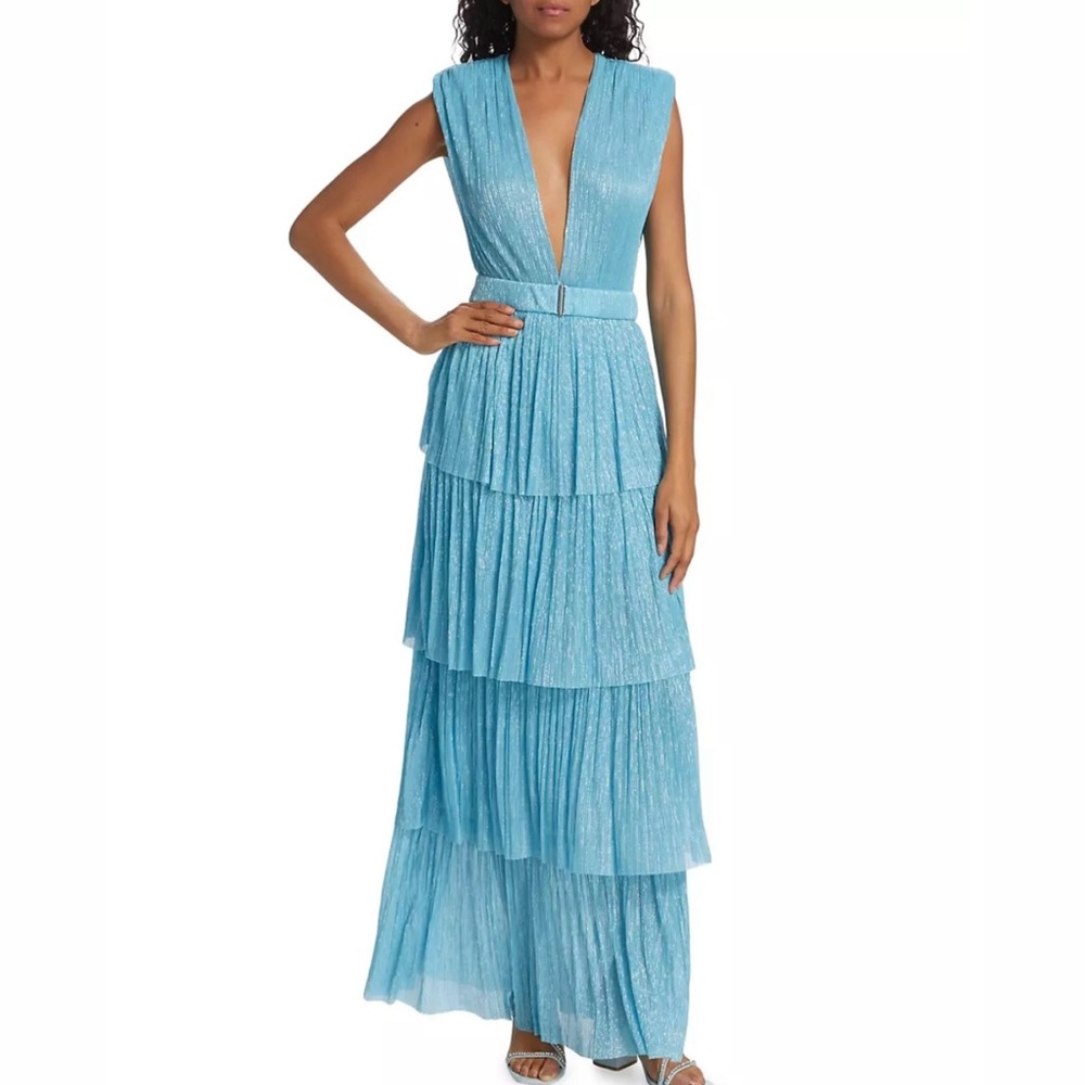 Sabina Musáyev Skylar Tiered Belted Metallic Gown